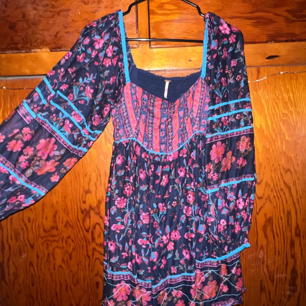 Free People Navy and Pink Floral Long Sleeve Dress